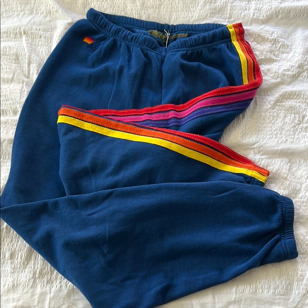 Womens Blue Track Pants with Rainbow Stripes NWT Aviator Nation